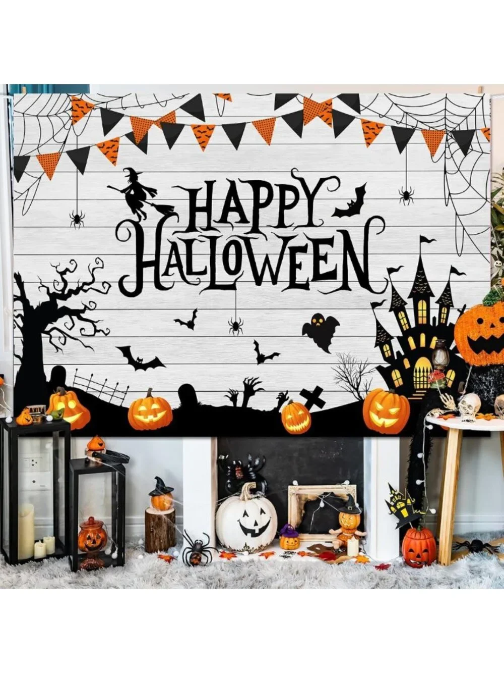 10x8ft Halloween Backdrop - Spooky Pumpkin, Ghost & Castle Decor for Parties
